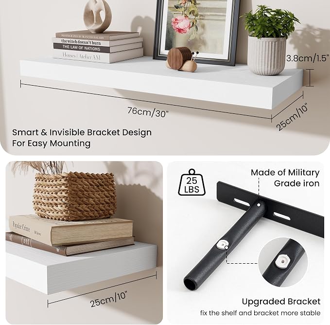Fun Memories Floating Shelves for Wall, 30 Inch Long Floating Shelves Set of 3, 30 x 10 Wooden Shelves for Wall, Large Storage Shelves, Hanging Shelves for Bathroom Kitchen Bedroom, White