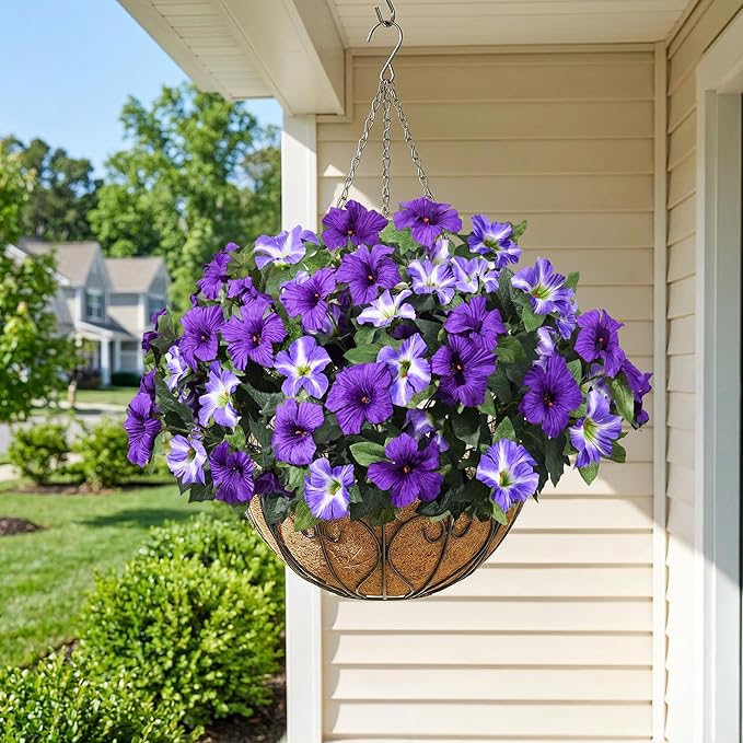 HyeFlora Artificial Flowers for Outdoors 4PCS Faux Petunias Silk Fake Flowers for Outside Planter UV Resistant Realistic Home Garden Porch Decor (Purple)