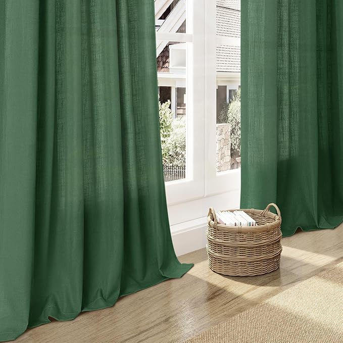 Green Linen Textured 96 Inch Curtains 2 Panel Set Back Tab Rod Pocket Sheer Light Filtering Boho Room Decor Aesthetic Curtains Burlap Look Curtain Drapes for Living Room Bedroom 8Ft 52x96 Inch
