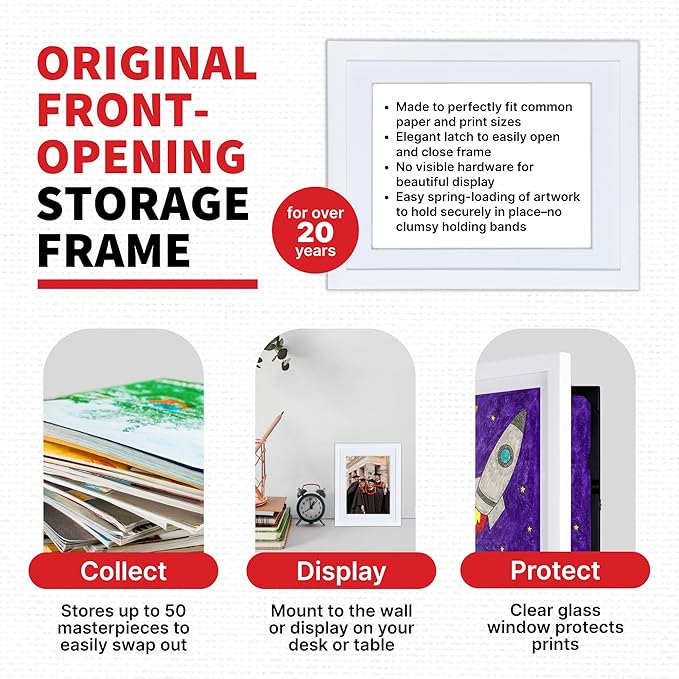 Dynamic Frames Li’l Davinci Art Cabinet, Stores up to 50 Pieces of 9x12 inch Art, Outer Wooden Frame Dimensions 11.75 x 14.75 inches, Kids Art Frame, Front Opening, Universal Hanging, White