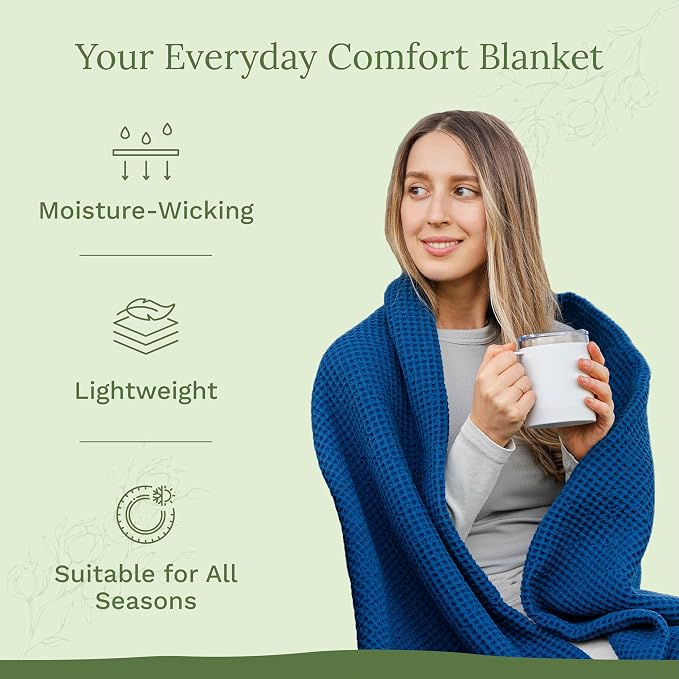 Organic Cotton Twin Size Blanket - 100% GOTS Certified Cotton Waffle Weave Twin XL Blanket - Navy, Soft, Breathable, Lightweight for Adults, Teens & Toddlers - 68"x92" (Blue - Twin/Twin XL)