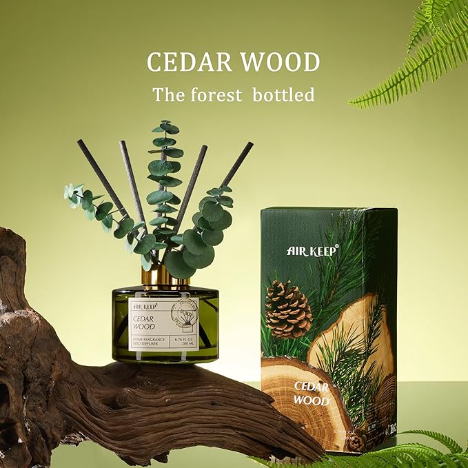 Airkeep Reed Diffuser Set with 6.76 fl oz Cedar Wood Scent Essential Oils and 3 Leaves & 8 Diffuser Sticks,Bathroom Shelf Decor & Air Freshener, House Bedroom Office Decor & Gifts