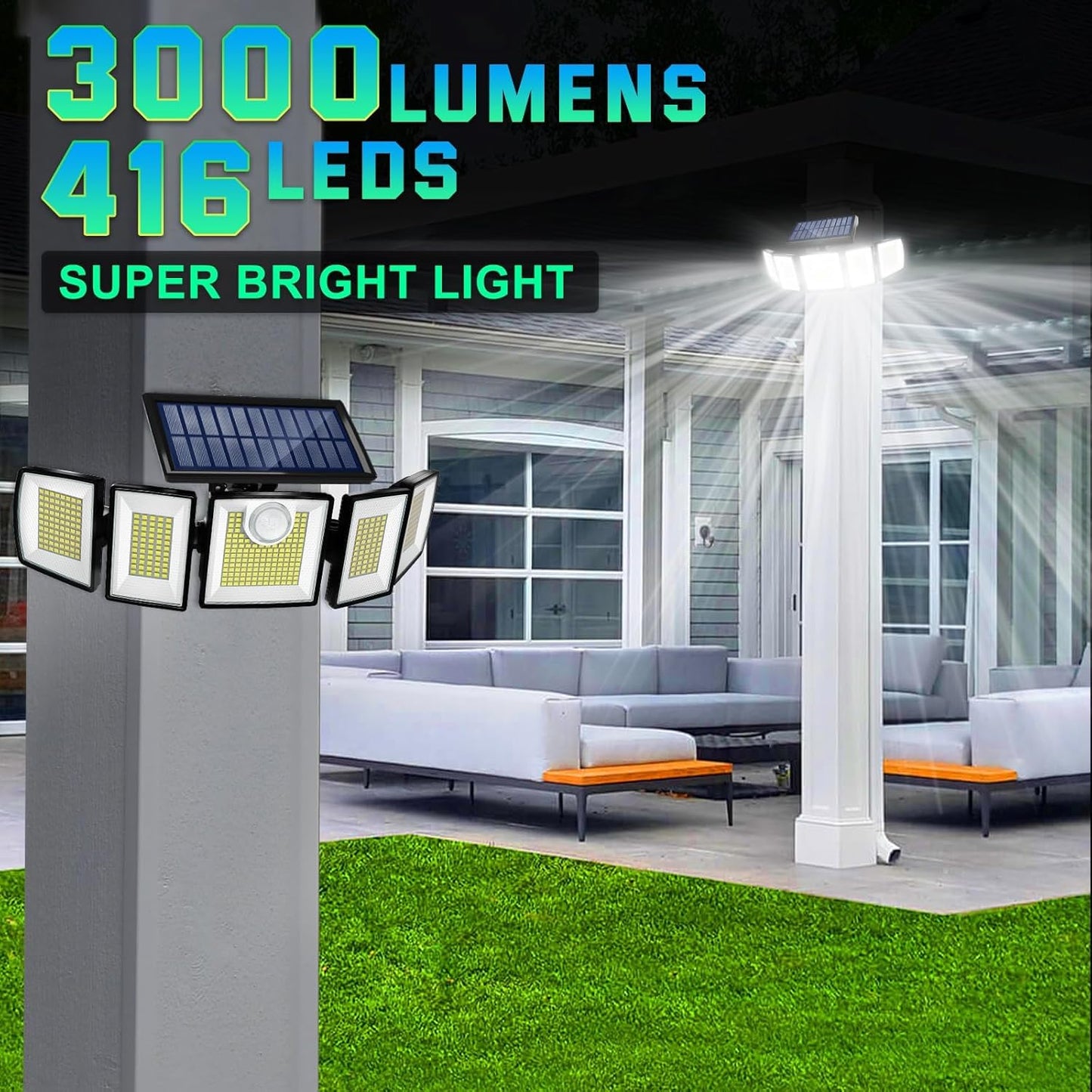 Solar Outdoor Lights Motion Sensor Waterproof - 416 LEDs 3000 Lumens Super Bright Solar Flood Security Light for Porch Yard Patio Garage, 3 Brightness 3 Modes (1 Pack 416LEDs)