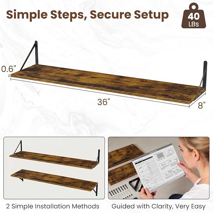 Vivelove Deep Floating Shelves for Wall, 36W x 8D Wood Wall Shelves Set of 2, Wide Floating Bookshelf for Living Room, Kitchen, Office, Bedroom and Decor Storage, with Metal Bracket - Rustic Brown