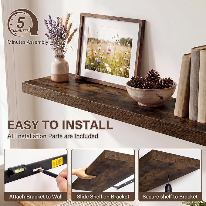 Acovy 10" Extra Deep Floating Shelves for Wall, 48" Long Wood Wall Shelves Set of 1 for Bathroom Bedroom Kitchen Living Room Laundry Room, Modern Floating Shelf for Home Decor