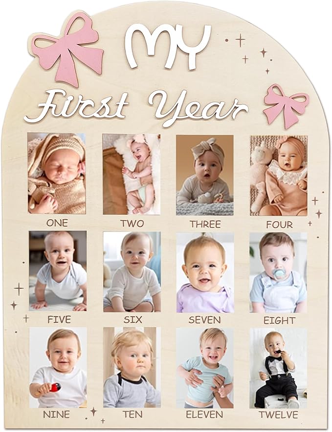 Aukolass Bow One Year of Photo Board, My First Year Photo Photo Board 12 Monthly Milestones Picture Frame for Baby Girl 1st Birthday Decorations (pink) (2" x 3")