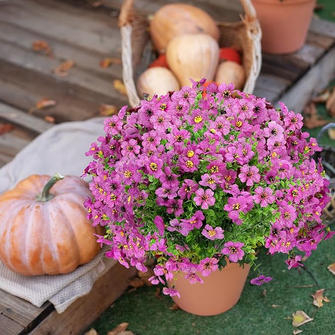 MERIXMAS 24 Bundles Artificial Flowers for Outdoors Decorations, Fake Flowers Artificial Plants Outdoor, Colorful Daisy Eucalyptus Realistic UV Resistant for Garden Patio Porch Home Decor, Purple