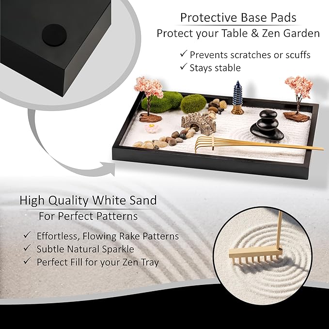 Island Falls Home Zen Garden Kit 11x8in. Beautiful Japanese Decor Mini Rock Feature Gift Set for Home, Office Desk. Zen Sand Garden, 6 Tools, 15 Accessories. Sand Tray Therapy Desktop Meditation Room