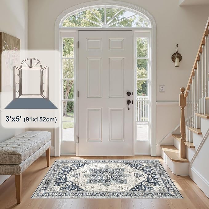 Tortania Area Rug Living Room Rugs - 3x5 Washable Rug Vintage Oriental Distressed Farmhouse Small Thin Indoor Carpet for Living Room Bedroom Under Dining Table Home Office - Indigo