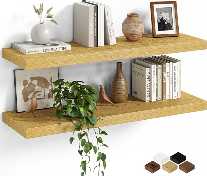 Fun Memories Floating Shelves for Wall, 30 Inch Set of 2 Rustic Wood Wall Shelves with Invisible Brackets, Heavy Duty Storage Display for Living Room Bedroom Kitchen, Oak