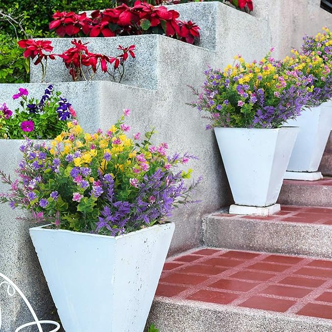 Hananona 24 Pcs Artificial Flowers Outdoor, Faux Artificial Plants UV Resistant Plastic Flower Bulk for Hanging Planter Porch Window Home Wedding Fall Summer Decor (24, Fuchsia, Purple, Yellow, Green)