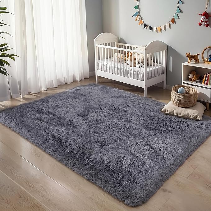 KICHOWUA Thick Area Rug Grey Fluffy Shag 5x8 for Bedroom Living Room Washable Plush Fuzzy Carpet for Kids Girls Boys Baby Room Nursery Soft Furry Shaggy Indoor Floor Non Slip Rugs for College Dorm