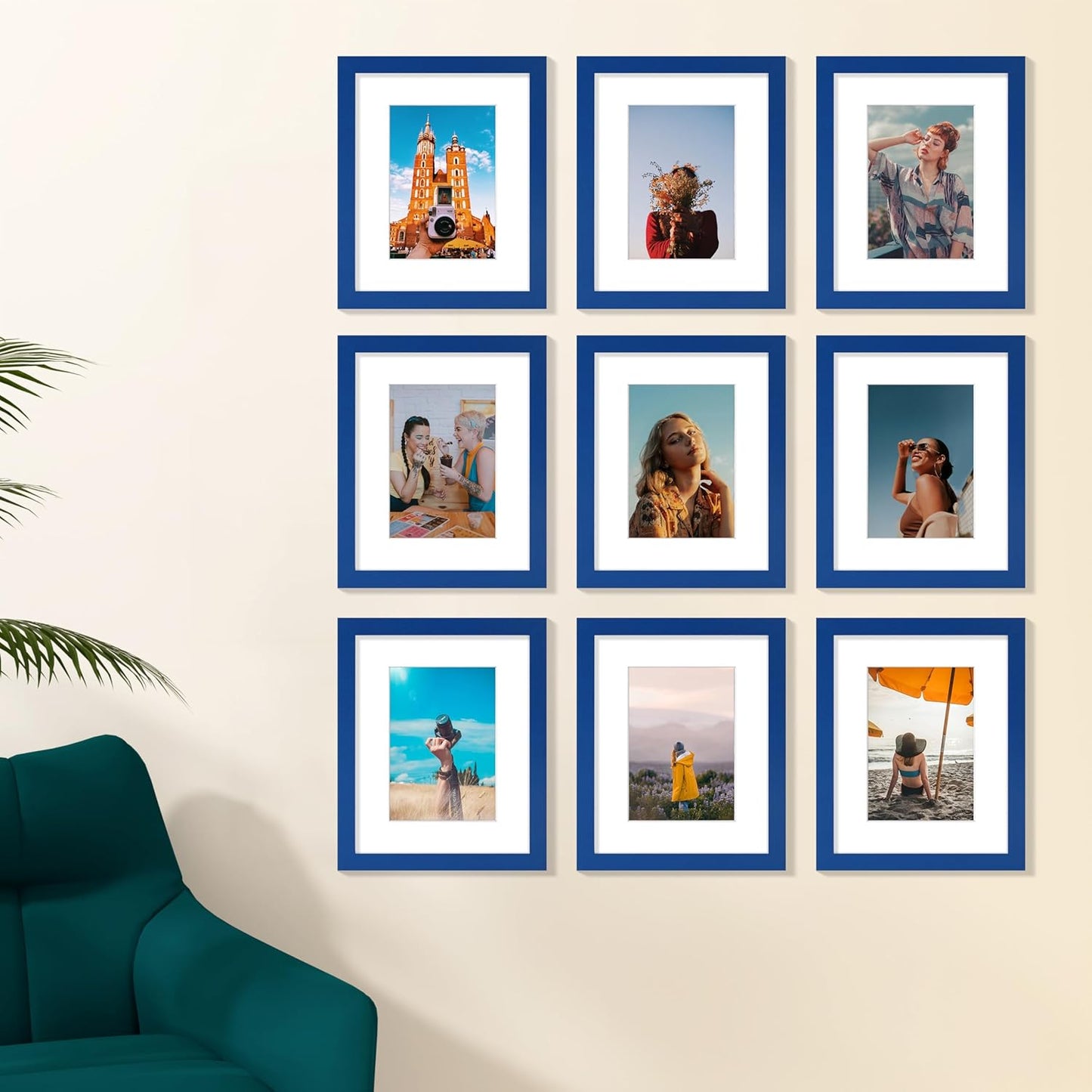 Vittanly 8x10 Picture Frame Set of 9 - Display 5x7 Photos with Mat or 8x10 Without Mat, Wall Mount & Tabletop Frames for Home Decor, Horizontal or Vertical (Blue)