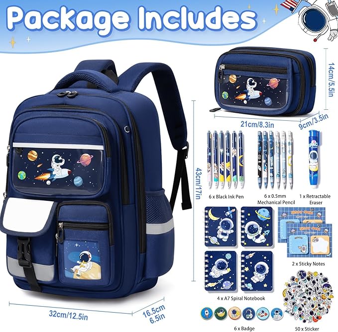 Fimibuke Kids Backpack for School Boys, 30PCS Space Toddler School Supplies Stationery Set with Bookbag Pencil Case Pins Gel Pens Pencils Notebooks Easter Gifts for Kindergarten Elementary Student
