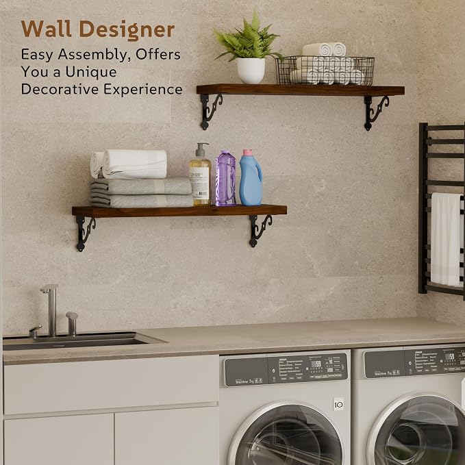 24 Inch 2 Tier Solid Wood Floating Shelves for Wall with Metal Brackets | 24 inch solid pine shelves, 2 tier, walnut finish, metal brackets for books, decor and home storage