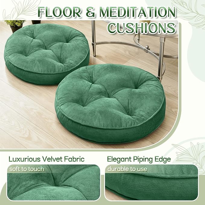 1 MIDDLE ONE Floor Pillow Set of 2, Memory Foam Meditation Cushion, Floor Cushions for Adults Sitting, Large Round Seat Cushions for Yoga, Living Room, 20x20 Inch (Round | Green)