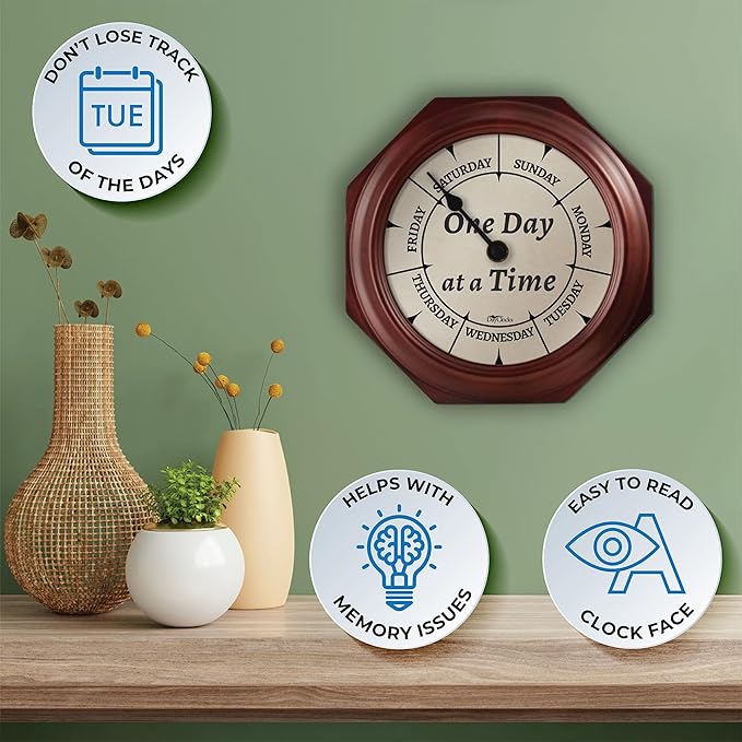 Classic “One Day at a Time” Day of The Week Wall Clock - 10" Solid Mahogany Wood Frame, Ideal Retirement Gift for Men and Women, Day Clock for Seniors and Retirees