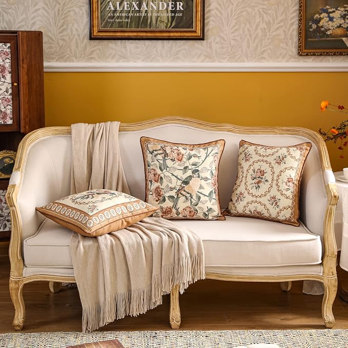 patdrea French Vintage Linen Throw Pillow Cover,18"x18"-ParkerEstate B | Decorative Pillow Case with Zipper,Bird and Floral Pattern,Cushion Coverfor Couch Living Room Bedroom Sofa