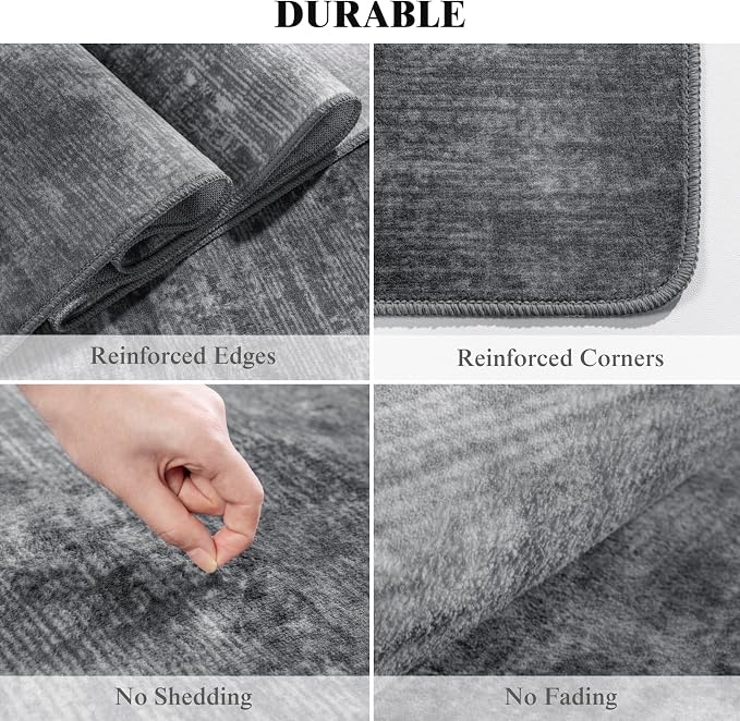 3x5 Washable Area Rug, Gray Solid Area Rugs for Living Room & Bedroom | Stain-resistant & Non-slip backing,Low Pile Washable Large Carpet, Solid Vintage Style For High Traffic Areas(3x5,Gray)