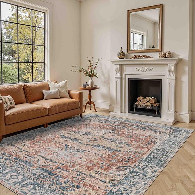 Rugxara 6x9 Area Rugs for Living Room Bedroom, Large Washable Rug, Coral Vintage Floral Boho Style, Non Slip & Low Pile Carpet for Indoor Dining Room, Dorm and Kids Room(Coral Blue 6x9ft)