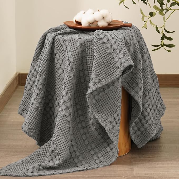 PHF 100% Cotton Waffle Throw Blanket for Couch, Lightweight Breathable and Soft for Summer, Luxury Aesthetic Waffle Weave Blanket for Home Decor & Office, Gifts for Women, 50"x60", Dark Grey