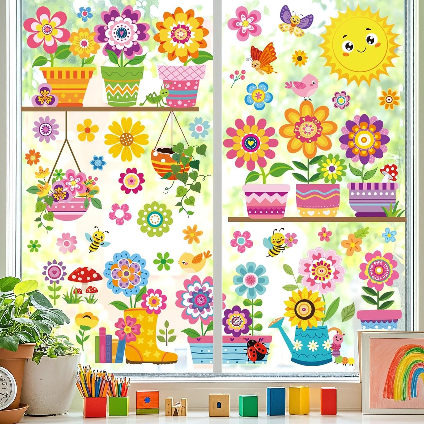 decalmile Spring Summer Kids Multicolor Flower Double Sided Window Clings Colorful Floral Garden Potted Sun Anti-Collision Glass Doors Window Stickers Decals