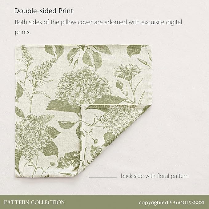 Foindtower Set of 2 Linen Floral Throw Pillow Covers Vintage Accent Print Decorative Cozy Cushion Covers Farmhouse Boho Home Decor for Sofa Chair Couch Bedroom Living Room,22×22 Inch,Light Green