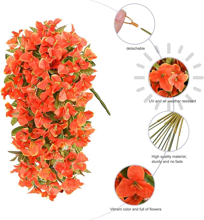 HyeFlora Bougainvillea Artificial Hanging Flowers Plants for Outdoors Decoration, 2pcs Faux Bougainvillea Vines Orange Fake Flowers Realistic UV Resistant Silk Flowers for Outside Planter Yard Porch