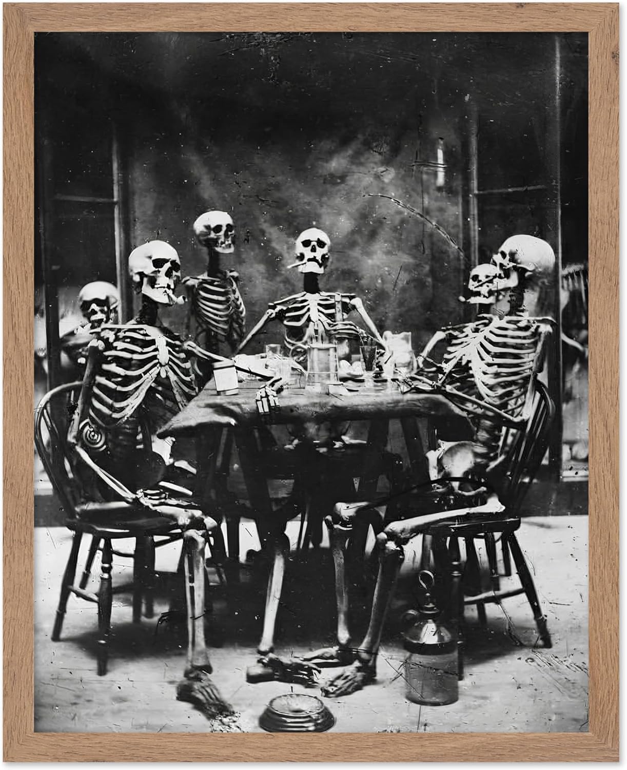 Poster Master Vintage Photograph Poster - Retro Daguerreotype Print - Gift for Artist, Friend - Skeletons Smoking at Table, Dinner Party, Goth - Wall Decor for Home, Dorm, 8x10 Beige Framed