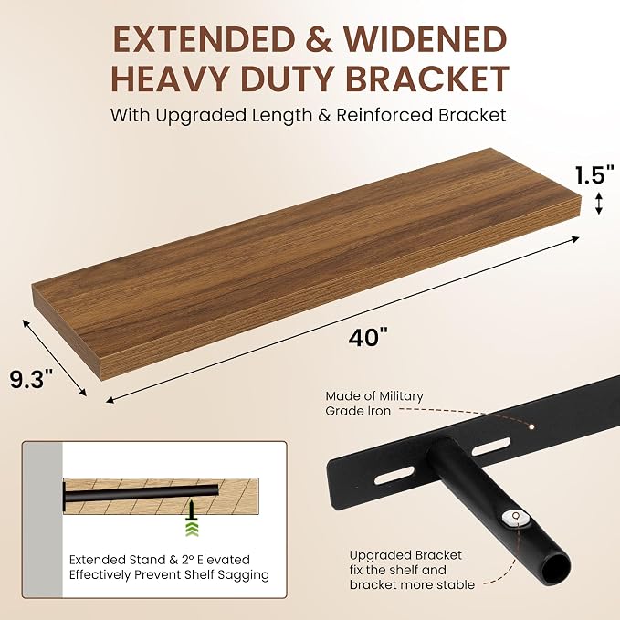 Dreamland 40 Inches Floating Shelves for Wall, 9.3" Deep Long Floating Shelves Set of 2, Large Display & Storage Shelf, Wall Shelf for Bathroom Bedroom Living Room Kitchen Office, Walnut