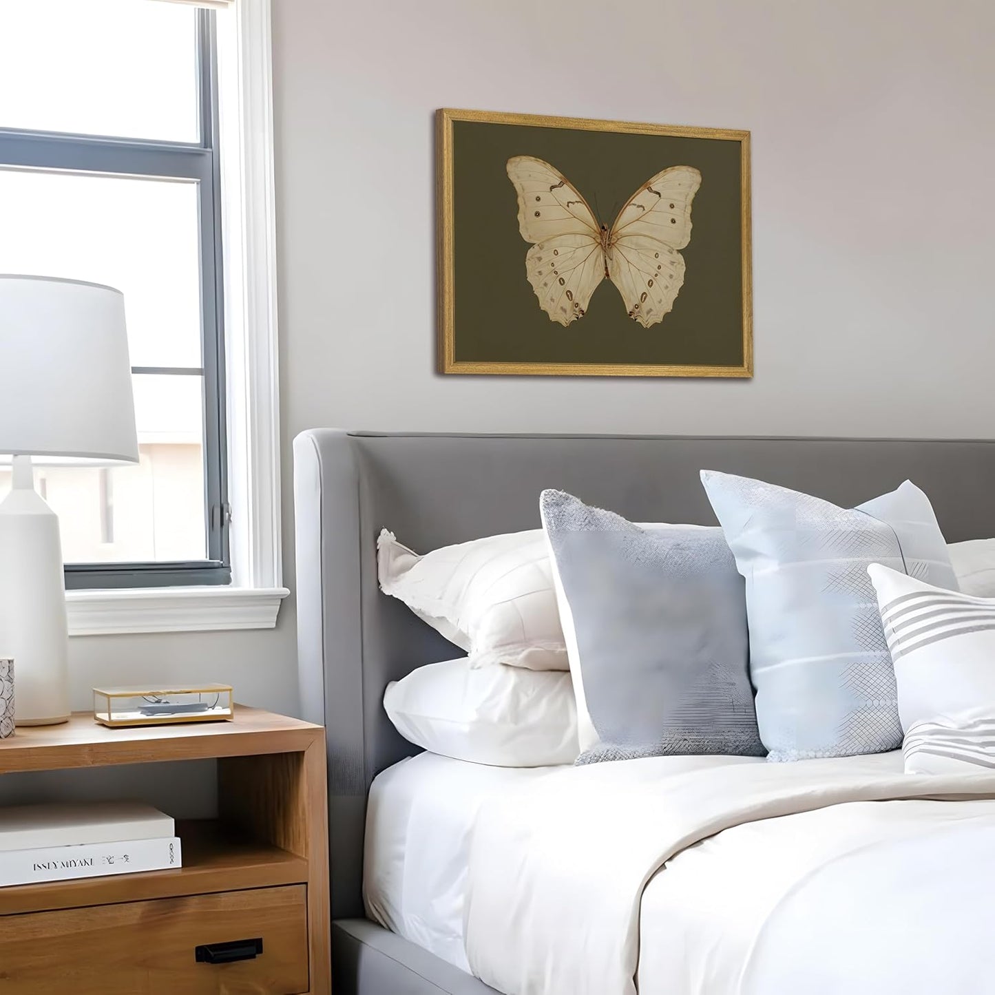 Wood Framed White Butterfly Wall Art, Vintage Butterfly Oil Paintings, Dark Moody Insect Canvas Prints, Boho Sage Green Wall Decor, for Bedroom Kitchen Bathroom Cottagecore Room Decor - 12x16 Inch