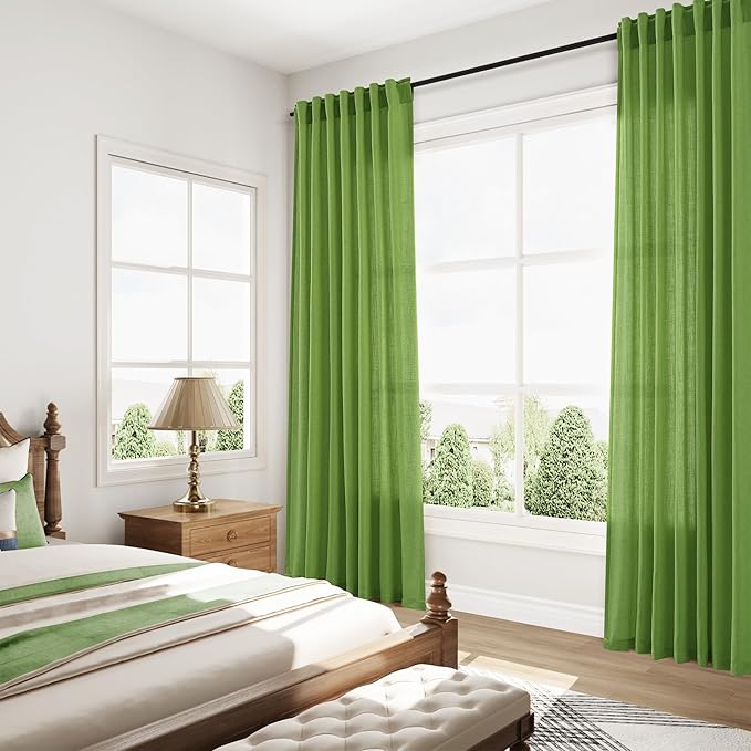 Extra Long Curtain Lime Green Morden Linen Blend Light Filtering Back Tab Curtains for Long Winodws 120 Inches Length, Semi Sheer Privacy Drapes for Living Room, 52x120 inch, 2 Panels