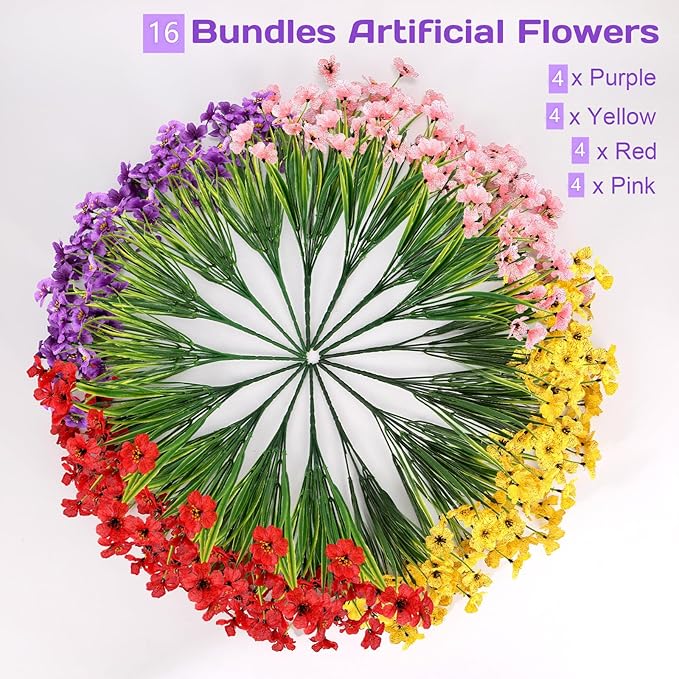 Geegoods Artificial Mums Flowers for Outdoors, 16 Bundles UV Resistant Fake Plastic Colorful Mix Flowers for Patio Porch Spring Summer Decor