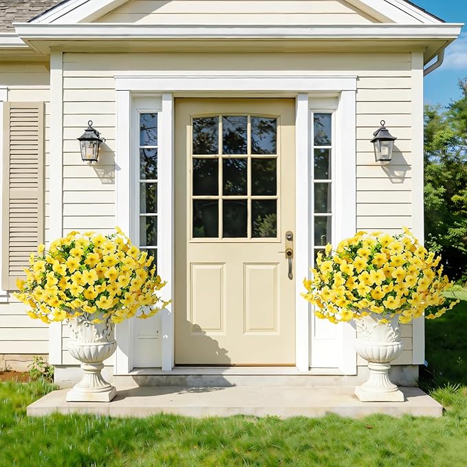 20 Bundles Artificial Petunias Flowers for Outdoors, Faux Silk Flowers UV Resistant Realistic Fake Plants for Outside Planters Porch Patio Yard Garden Spring Summer Home Decor, Yellow