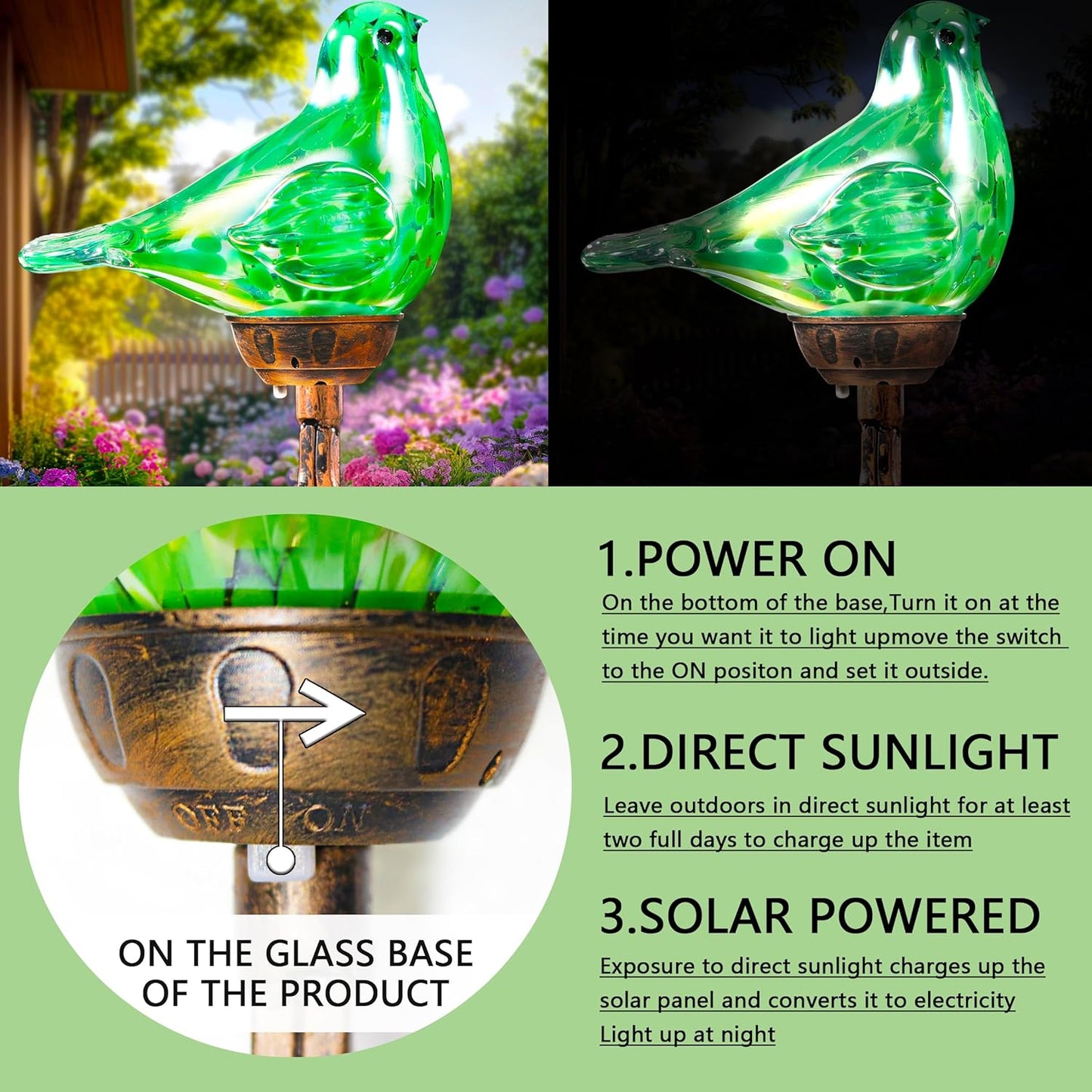 Decorative Solar Lights Outdoor Solar Bird Stake Lights Hand Blown Glass Decorative Garden Pathway Lights Outdoor Waterproof Glass Stakes (Green)