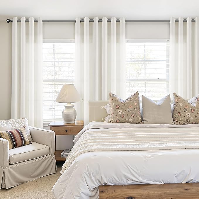 Natural Cream Linen Grommet Curtains 110 Inches Length for Living Room Privacy Semi Sheer Elegant Drapes for Bedroom Light Filtering Neutral Extra Long Sheer Curtain for Large Window 52x110, 2 Panel