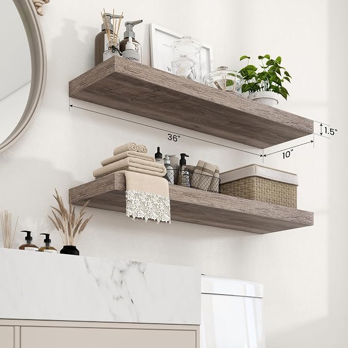 Axeman 36Inch Floating Shelves for Wall, 2 Pack Shelves for Bedroom, Bathroom, Kitchen, Hanging Wall Mounted Rustic Wood Shelf with Invisible Brackets for Books Decor, Grey