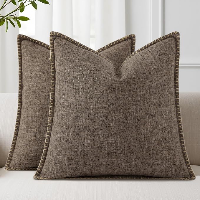 decorUhome Summer Decorative Throw Pillow Covers 24x24 Set of 2 Faux Linen Farmhouse Euro Sham Pillow Covers with Stitched Edge Outdoor Neutral Pillow Covers for Couch Sofa Living Room, Chocolate