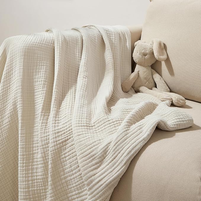 PHF 100% Cotton Muslin Blanket Twin XL Size 66"x90", 4-Layer Lightweight Gauze Throw, Breathable Cloud-Soft Minimalist Blanket for Bed, Couch, Camping & Baby, Oat Milk, Ideal Gift
