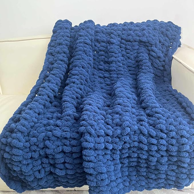 Soft Chunky Knit Throw Blanket for Couch, Cozy Warm Knitted Blankets | Hand Knit with Jumbo Chenille, Lightweight Warm Fluffy Decor for Women, Mom, Her & Girls, Sofa, Chair, Bed,40"×40"(Navy Blue)