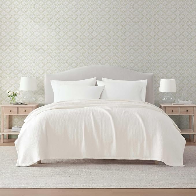Martha Stewart - Queen Bed Blanket, 100% Cotton Textured Basket Weave Bedding, Breathable & Lightweight Blanket for Couch or Bed, Bedford Tile White