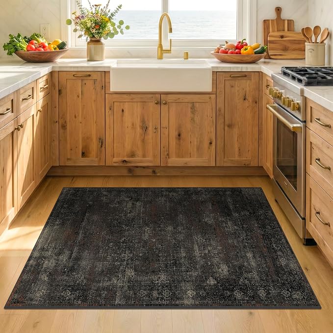 Black 3x5 Washable Entryway Rug, Non Slip Indoor Kitchen Rug, Dark Charcoal Farmhouse Low Pile Area Rug for Mudroom, Bedroom, Bathroom & Laundry Room