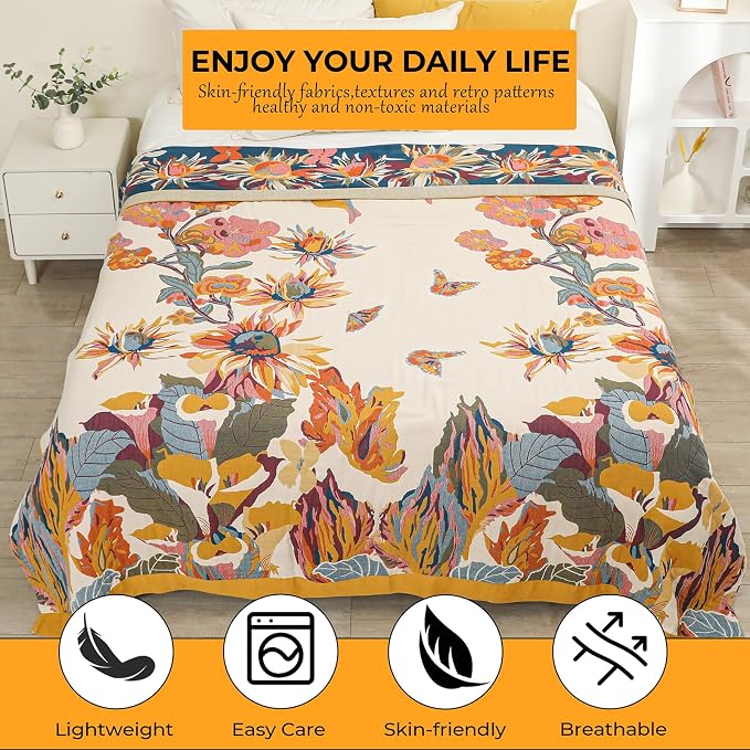 Boho Throw Blanket for Bed,100% Cotton Breathable Muslin Soft Throw, Fall Bed Throw Blanket Floral Bird Butterfly Printed Decor Large Blankets,80"×90" Rustic Farmhouse Throw for Sofa Couch Chair