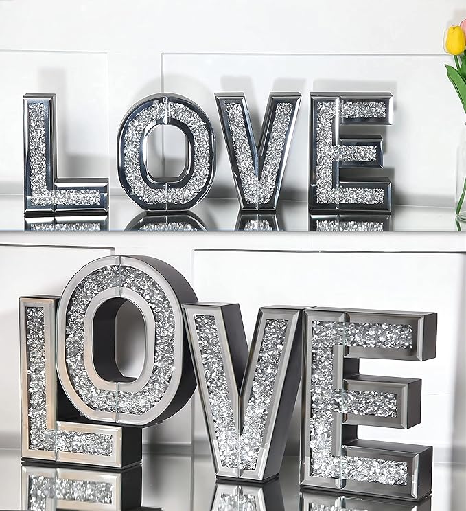 SHYFOY Love Letter Sign Living Room Decor, Mirrored Love Home Decoration for Tabletop & Wall-mount, Crystal Diamond Decorative Wall Mirrors Set for Wedding Centerpiece, Independent (4 PCS)