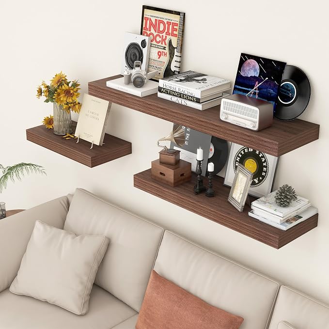 FLYJOE Deep Floating Shelves | 24 Inch Walnut Floating Shelves Set of 2 | 12 Inch Deep Rustic Wood Shelves for Wall | 24" W x 12" D Walnut Shelves for Living Room Bathroom Laundry Room Kitchen