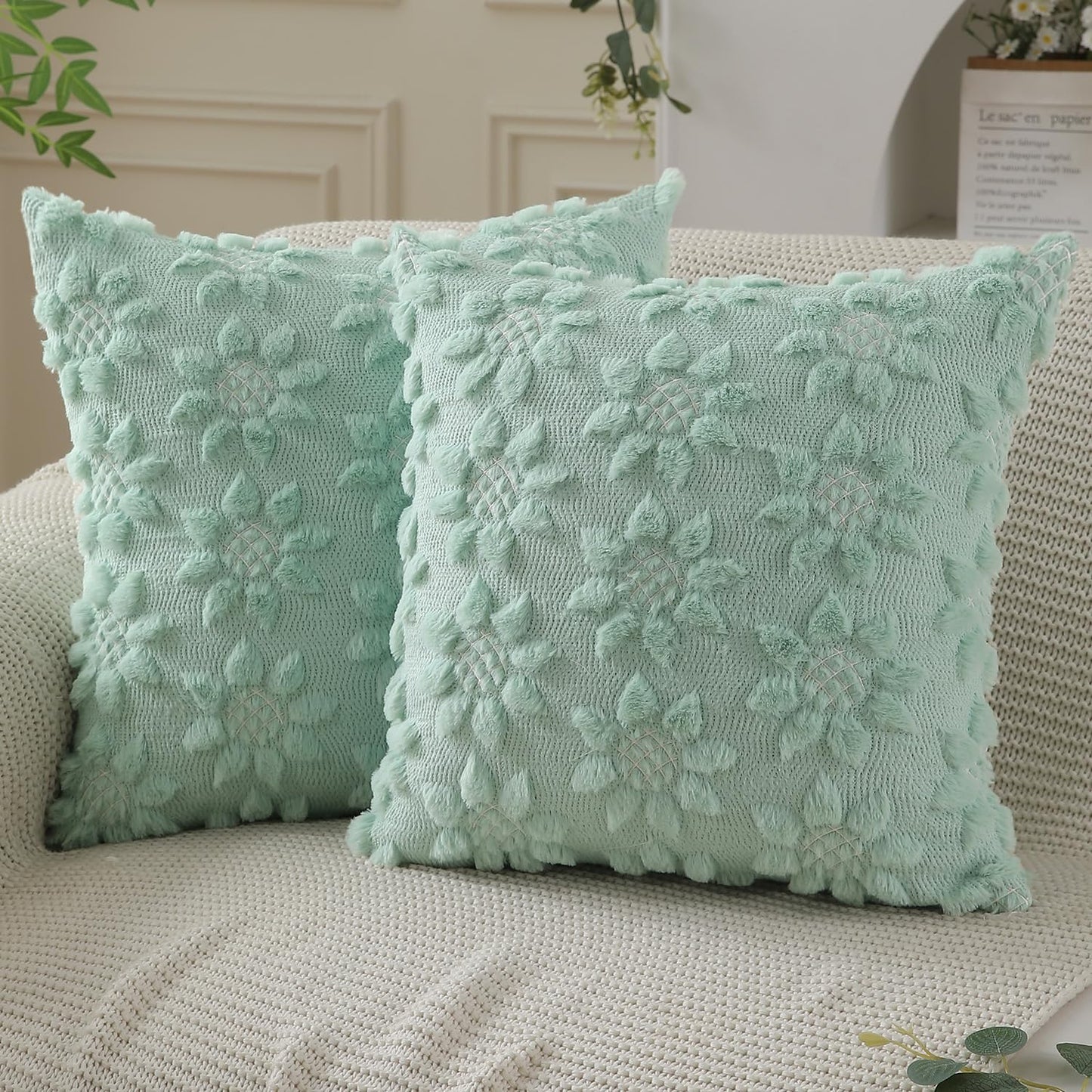 DFXSZ Spring Summer Pillow Covers 20x20 inch Set of 2 Farmhouse Decor White Flower Heart Sunflower Green Soft Plush Faux Fur Jacquard Throw Pillows for Sofa Holiday Spring Home Decor PTK024F20