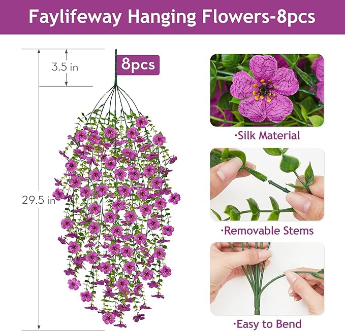 Artificial Hanging Flowers for Outdoors Spring Summer Decoration, 8PCS UV Resistant Silk Fake Hanging Plants for Patio Porch Front Yard Window Garden Indoor Decor(Purple,8PCS)