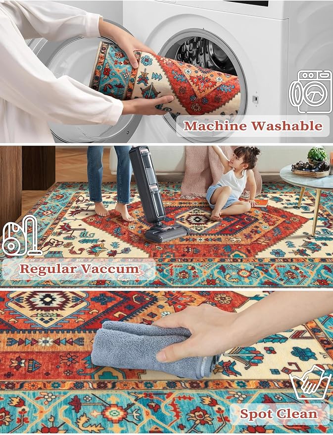 SERISSA Runner Rug for Hallways, 3x14 Washable Non Slip Kitchen Runner Rug, Extra Long Boho Rug Ultra Soft Vintage Orange Print Floor Carpet for Bedroom Hallway Entryway Bathroom Laundry Room