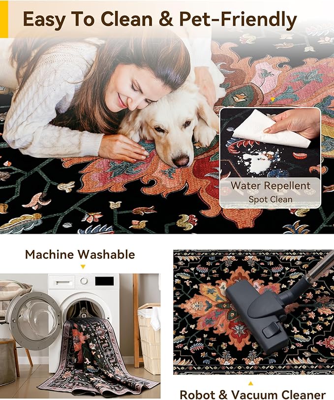 RELEANY Area Rugs 2'6''x5' Runner Rug Non Slip Washable for Kitchen Hallway Bedroom Beside Laundry Room Bathroom Rug, Floor Carpet, Black Colorful Floral Dark Tan