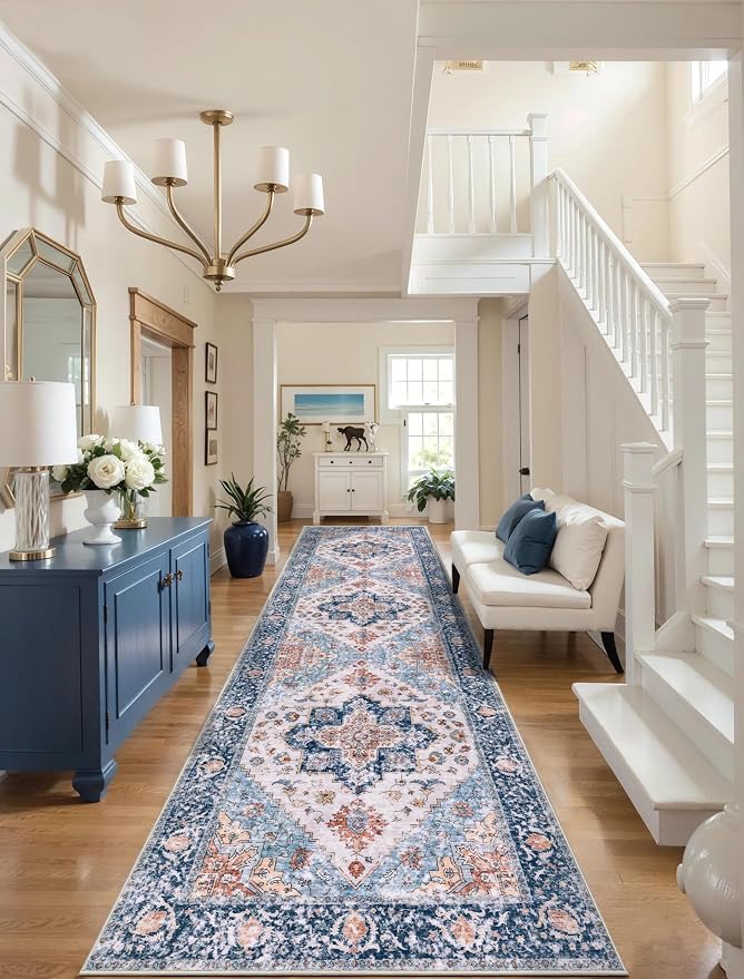 SERISSA Runner Rug for Hallways, 3x8 Washable Non Slip Kitchen Runner Rug, Long Boho Rug Vintage Blue Orange Hallway Stair Ultra Soft Print Floor Carpet for Bedroom Bathroom Laundry Room